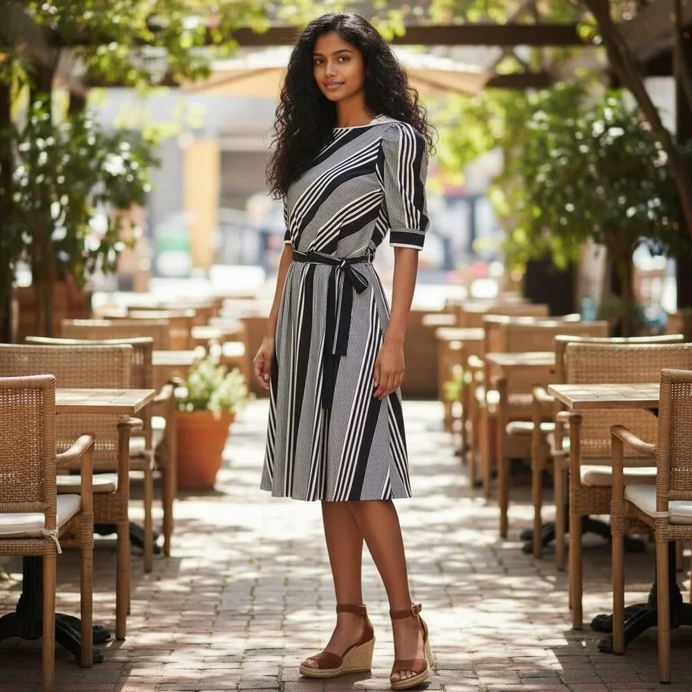 Vintage Brown & White Striped Midi Dress | Handmade 1980s Elastic Waist - Picture 5 of 16